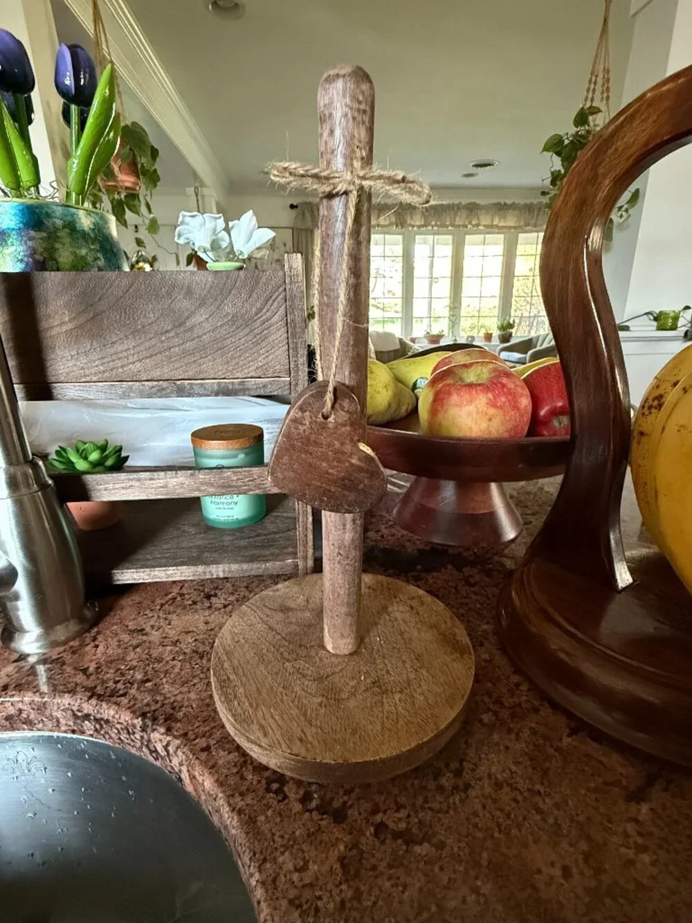 Handmade Rustic Farmhouse Wooden Paper Towel Holder Heart on Jute String Cottage - Picture 1 of 7